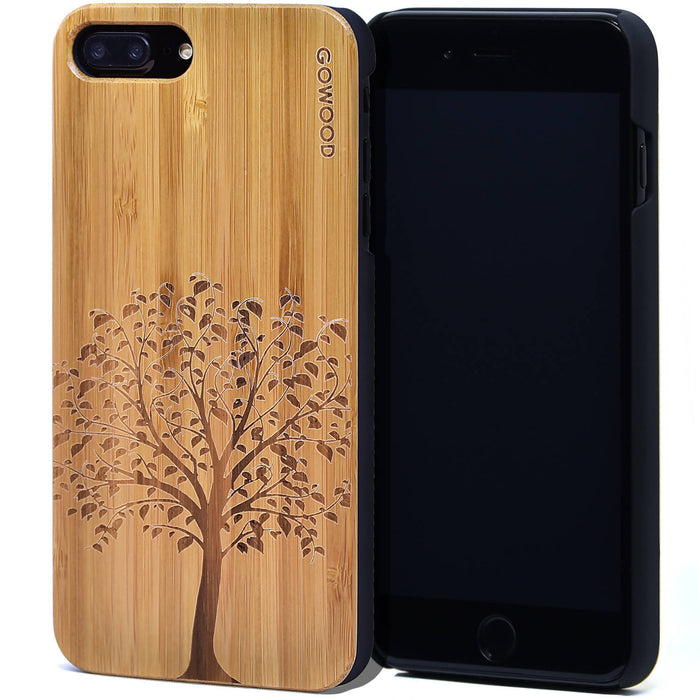Étui iphone 7 plus et 8 plus en bois et côtés en polycarbonate - bambou avec gravure arbre