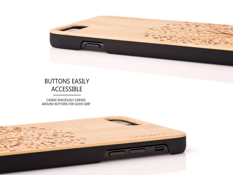 Étui iphone 7 plus et 8 plus en bois et côtés en polycarbonate - bambou avec gravure arbre