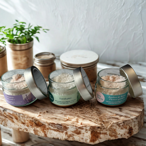 Ensemble de 3 sels de bain végan et naturels de Eco Loco reposant une planche de bois rustique. 