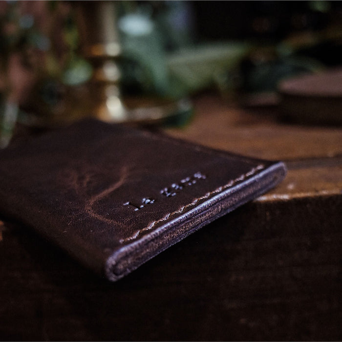 Durable handcrafted dark-brown leather cardholder made in Canada
