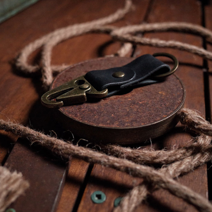 Full-grain black leather carabiner key loop made in Canada
