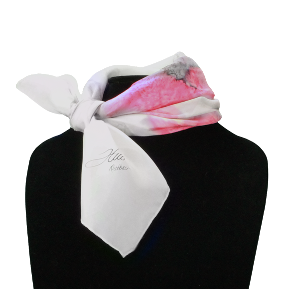 Foulard carré de soie blanc fleurs roses - Soierie Huo