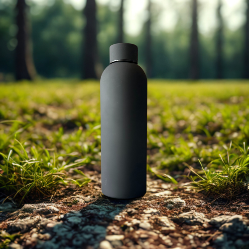 Bouteille d'eau en acier inoxydable noire isotherme et posée dans la nature. 
