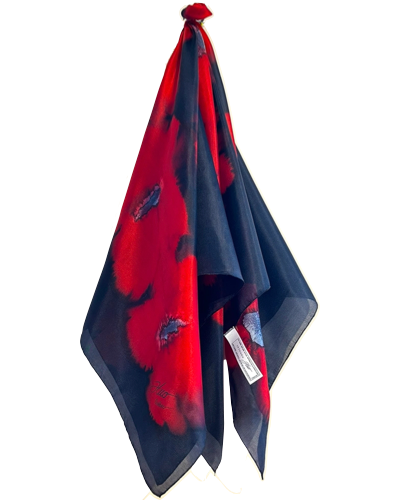Foulard carré de soie Noir fleurs rouges - Soierie Huo