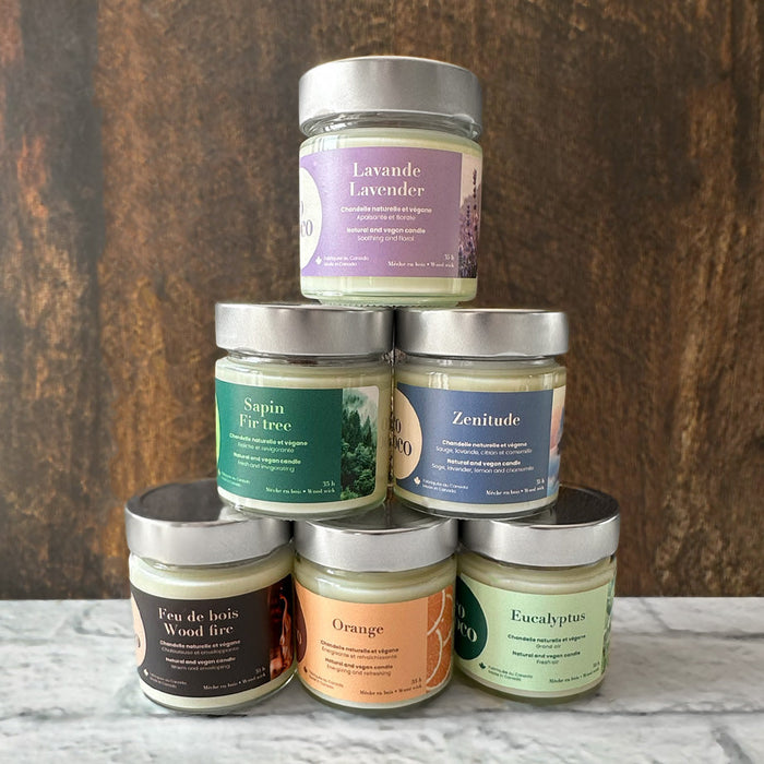 ensemble de chandelles lavande, sapin, zenitude, feu de bois, orange et eucalyptus