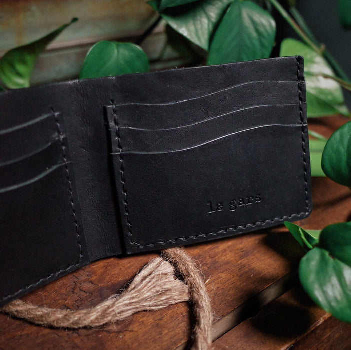 Durable black leather bifold wallet for travel essentials
