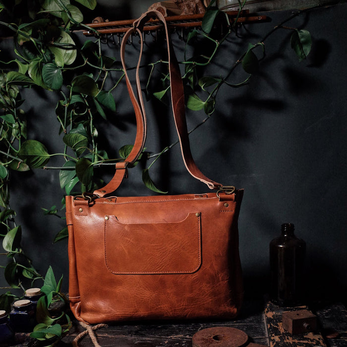 Durable English tan leather satchel made from full-grain Horween leather
