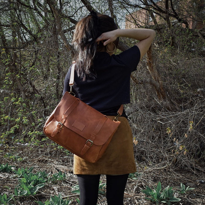 Rustic English tan leather tote handcrafted by artisans
