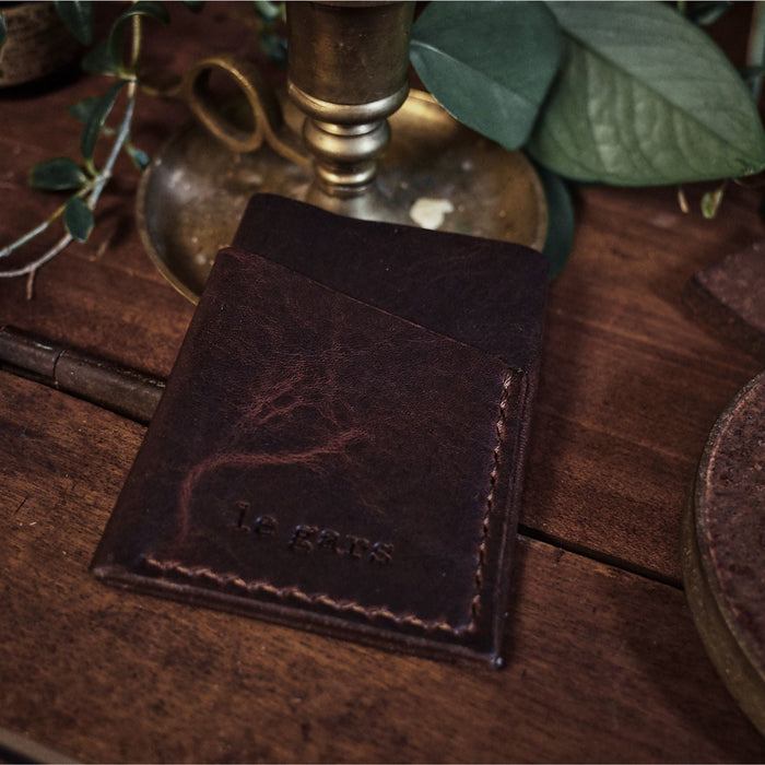 Locally crafted coffee brown leather cardholder with custom engraving options
