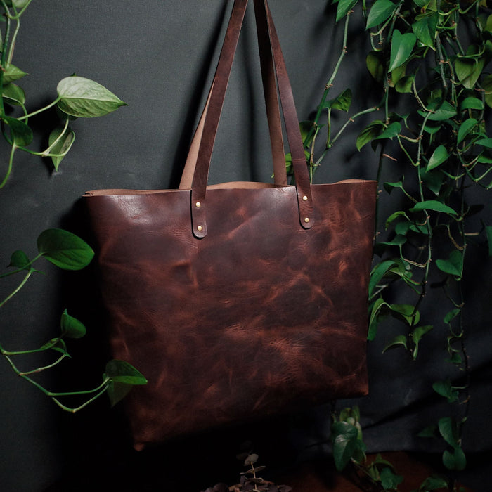 Customizable mocha brown leather shopper with durable hand-stitching
