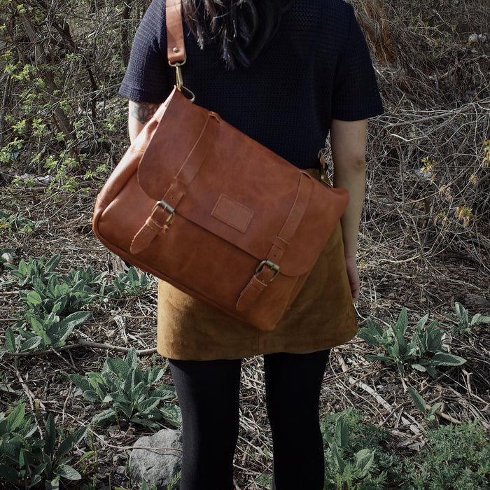 Eco-conscious saddle tan leather satchel crafted from Horween leather

