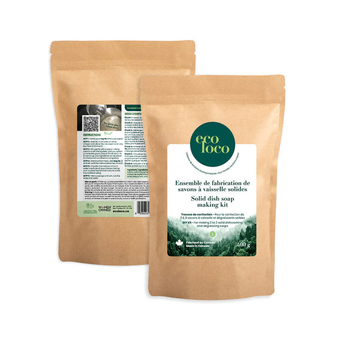Deux sacs d'ensemble à fabrication de savons à vaisselle solides  en papier kraft avec le logo d'Eco Loco sur fond blanc