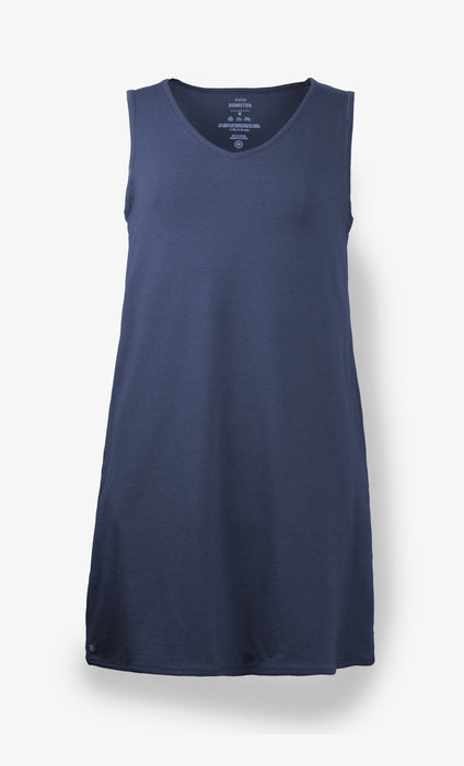 Robe sans manche en Tencel bleu Bic, ultra douce et écoresponsable, offrant un confort exceptionnel et une coupe élégante.