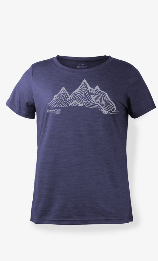 T-shirt mérinos femme bleu nuit ultra léger imprimé climbing route, respirant et confortable, parfait pour le voyage et les activités de plein air comme l'escalade et la randonnée.