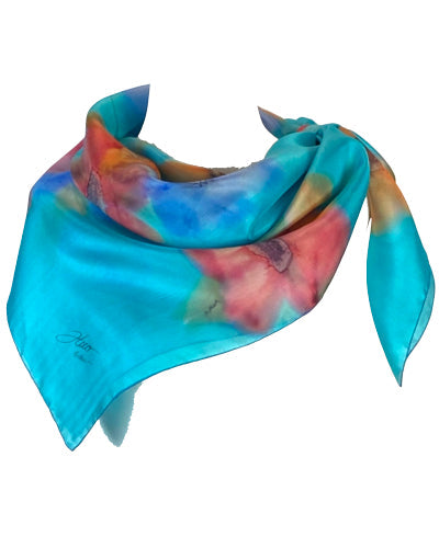 Foulard carr&eacute; de soie fleuri ara
