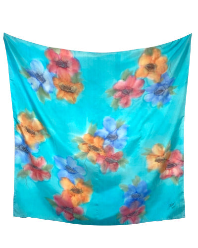 Foulard carr&eacute; de soie fleuri ara