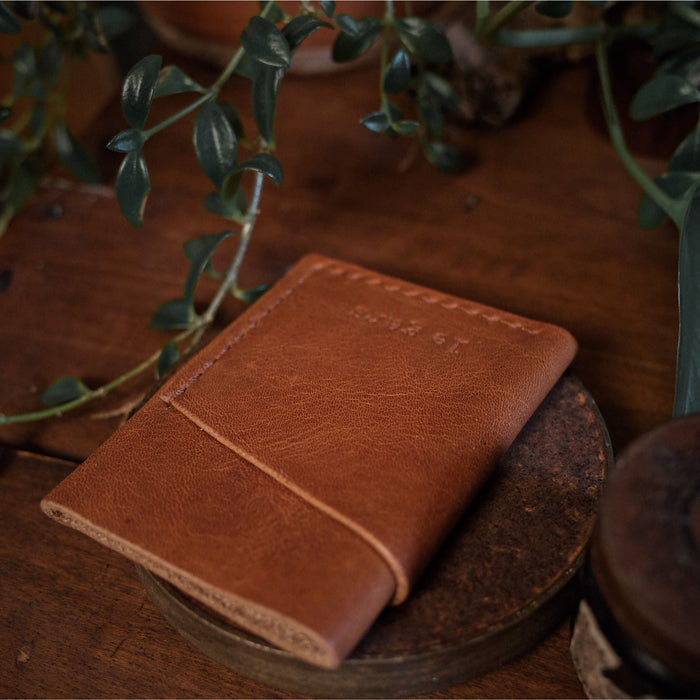 Customizable English tan leather cardholder with durable hand-stitching
