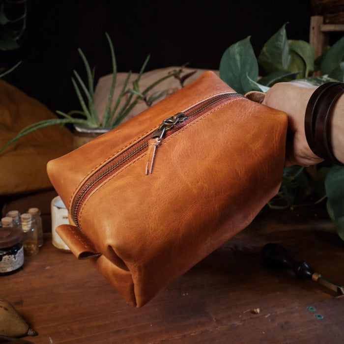 Minimalist caramel leather dopp kit for men and women
