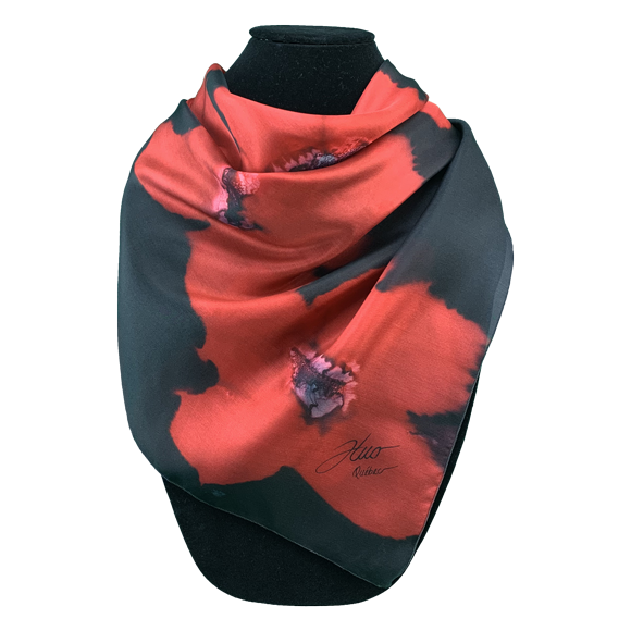 Foulard carré de soie noir fleurs rouges - Soierie Huo