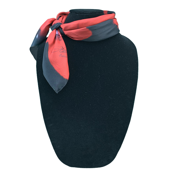 Foulard carré de soie noir fleurs rouges - Soierie Huo