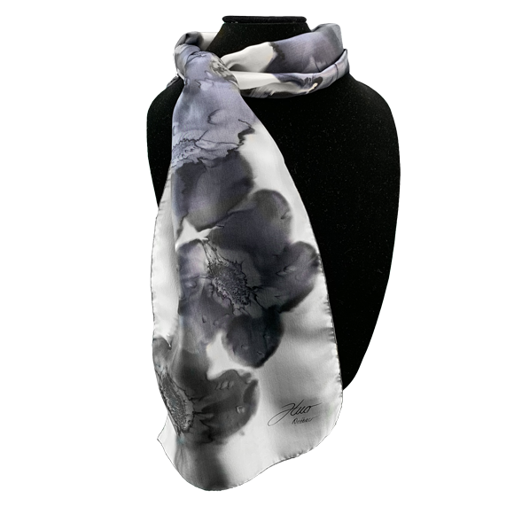 Écharpe en soie blanc fleurs noires - Soierie Huo