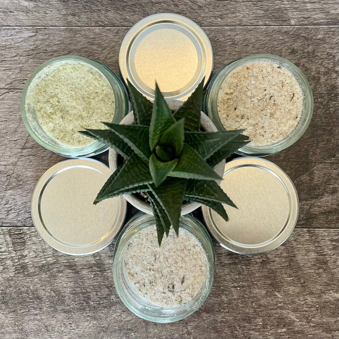 trio sel de mer sur fond de bois avec une plante verte au milieu