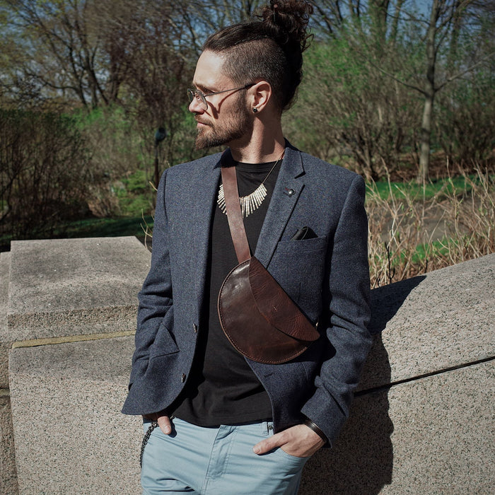 Premium mocha leather moon bag for casual nights out
