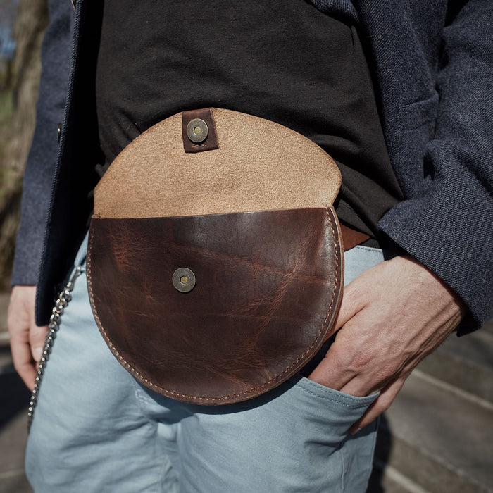 Minimalist chocolate leather belt bag for casual adventures

