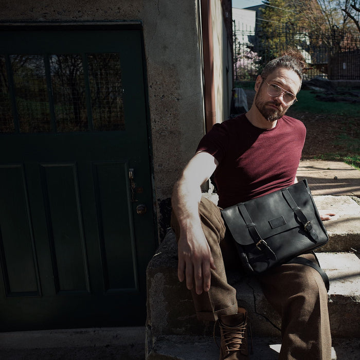 Handcrafted black leather briefcase made in Canada
