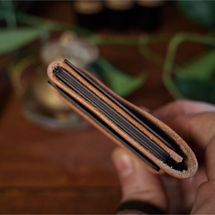 English tan leather cardholder with functional card slots
