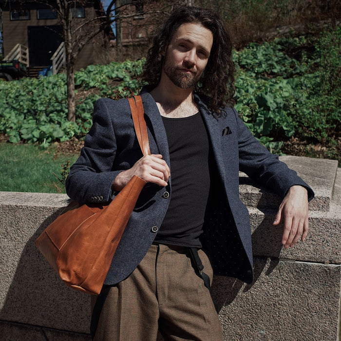 Durable handcrafted English tan leather handbag made from Horween leather
