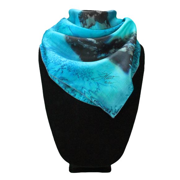 Foulard carré de soie émeraude fleurs marines - Soierie Huo