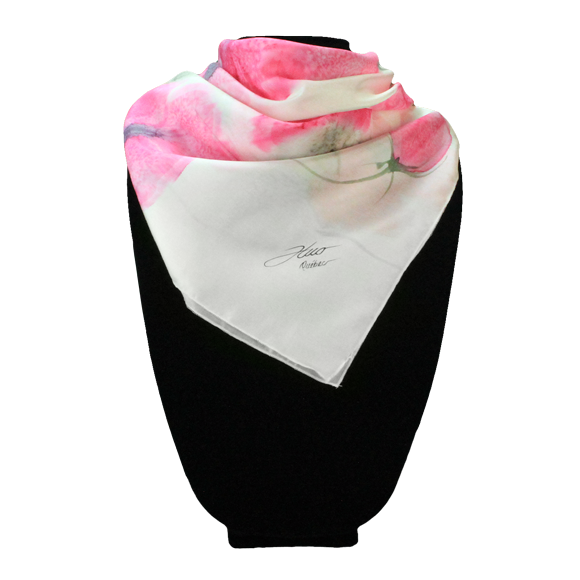 Foulard carré de soie blanc fleurs roses - Soierie Huo