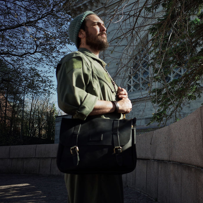 Custom leather tote in black for office essentials
