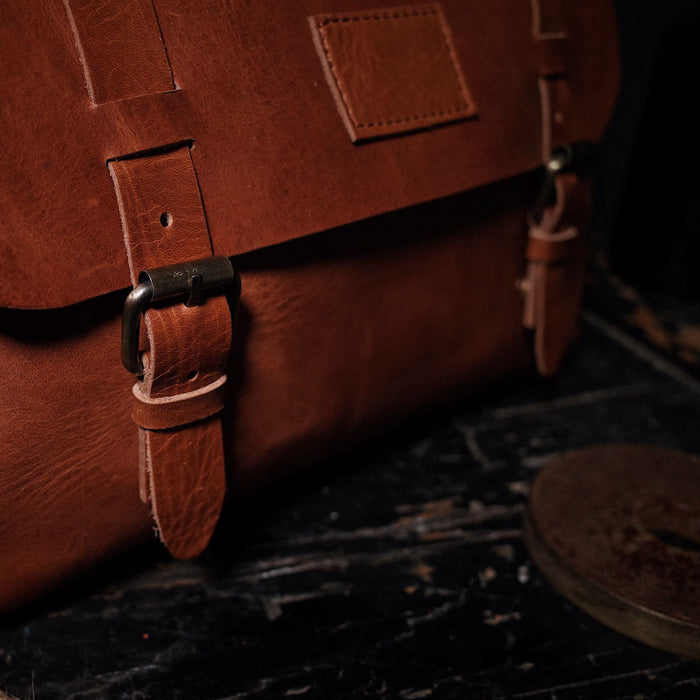 Custom leather briefcase in English tan for office essentials
