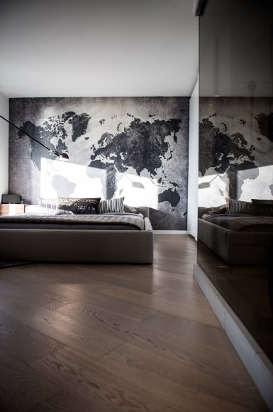 Art world map mural grey