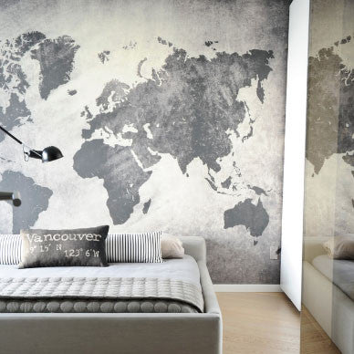 Art world map mural grey