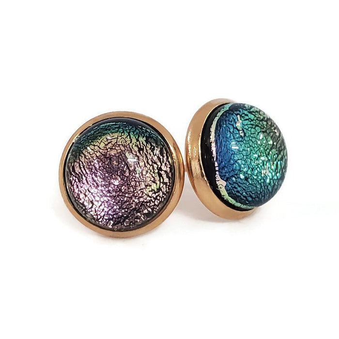 Boucles d'oreilles cabochon rose pâle, en verre fusion - Bijoux Le fil d'Ariane