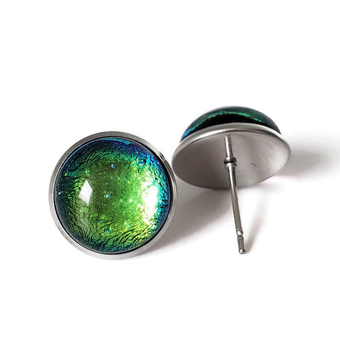 Boucles d'oreilles cabochon vert-doré , en verre fusion