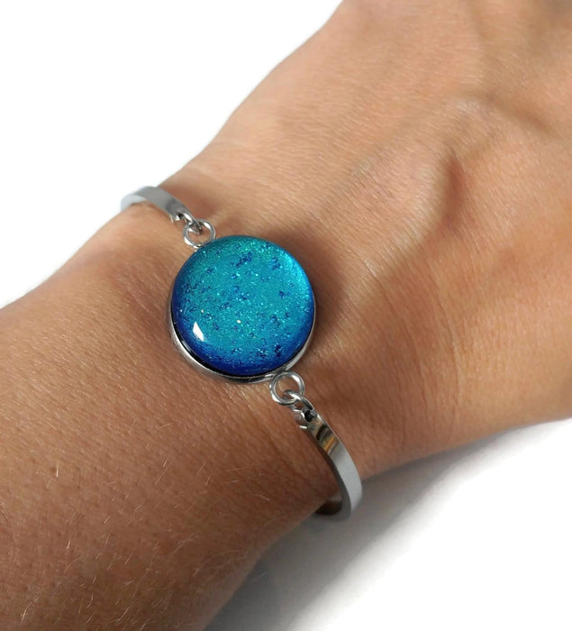 Bracelet d'acier inoxydable et verre fusion turquoise-bleu