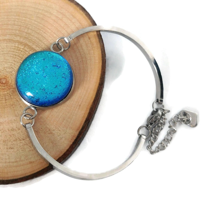 Bracelet d'acier inoxydable et verre fusion turquoise-bleu