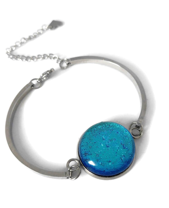 Bracelet d'acier inoxydable et verre fusion turquoise-bleu