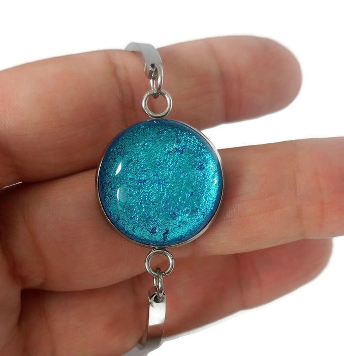 Bracelet d'acier inoxydable et verre fusion turquoise-bleu