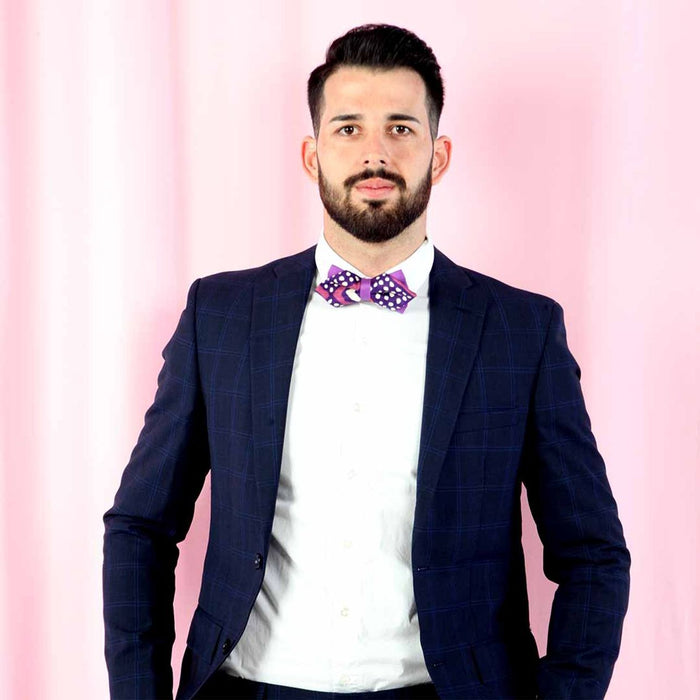 Noeud papillon pointe de diamant  mauve  à pois - bogolan