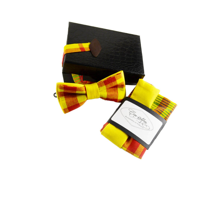 Noeud papillon et foulard pochette - jaune rouge madras