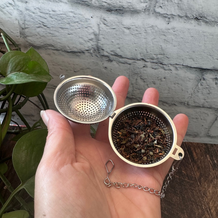 Infuseur pour thé en acier inoxydable dans une main avec un fond de brique et de plante