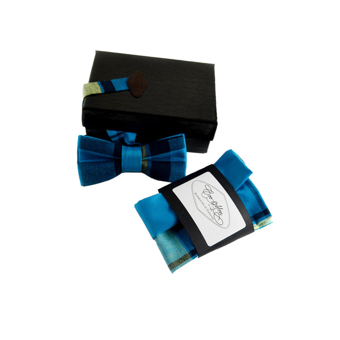 Noeud papillon et mouchoir de poche - bleu madras