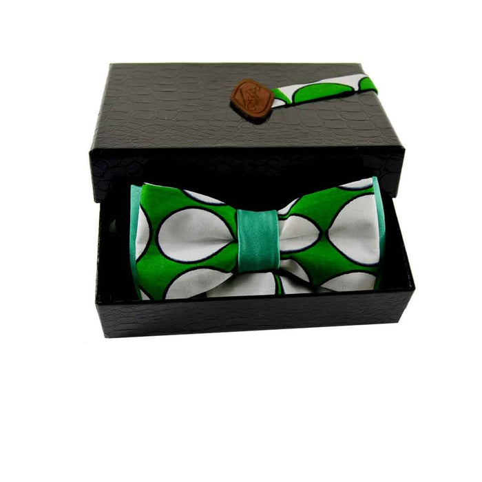 Noeud papillon vert - pois blanc pagne wax et soie