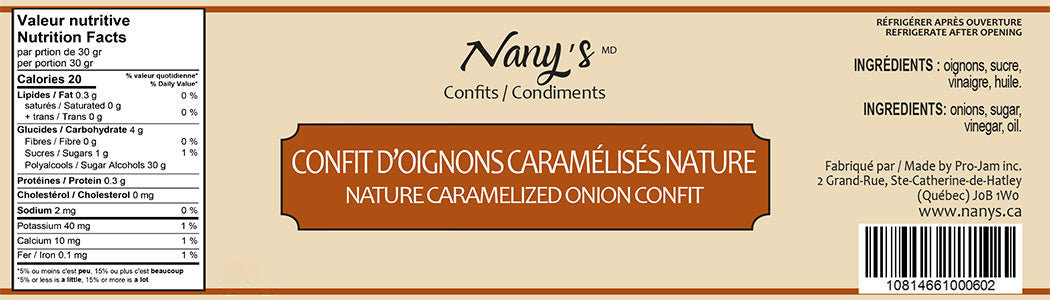 Ingrédients et Tableau des valeurs nutritives