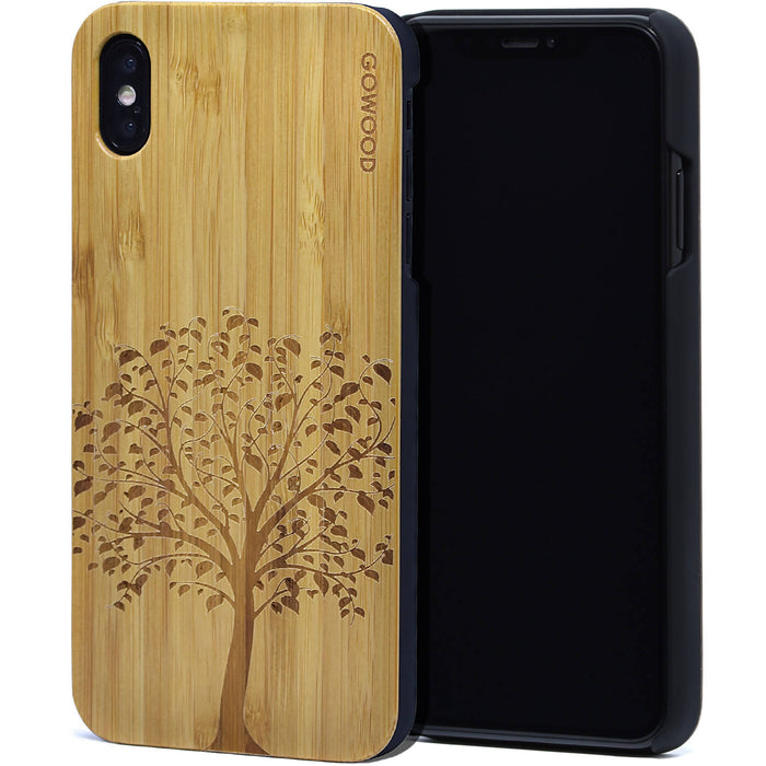 Étui iphone xs max en bois et côtés en polycarbonate - bambou avec gravure arbre